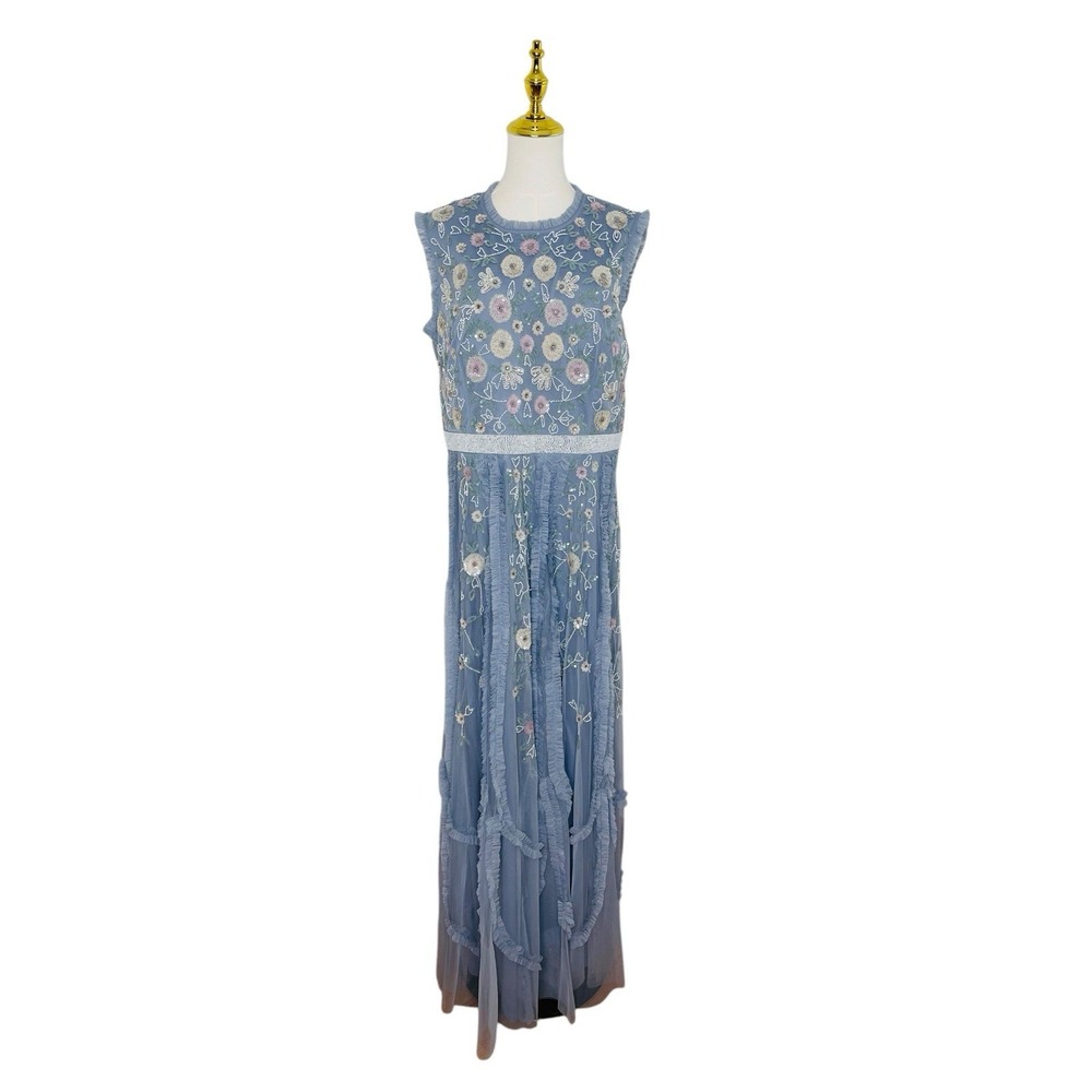 Mac Duggal 9137 Slate Blue Embroidered Floral Tiered Ruffle‎ Gown Size 14 $698 - Picture 4 of 8